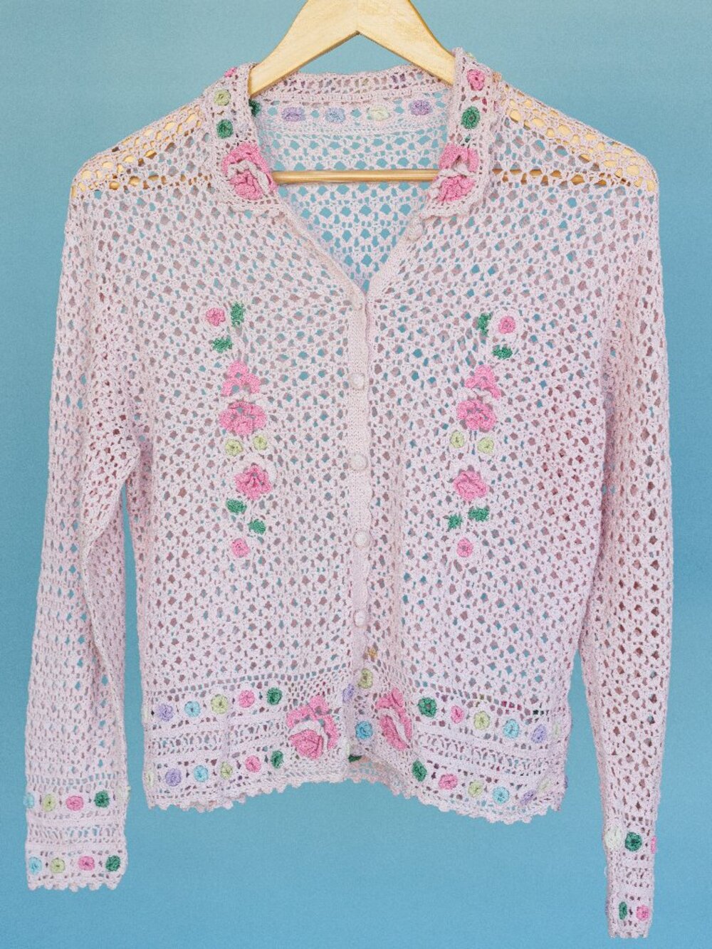 Pink Floral Crochet Cardigan Sweater